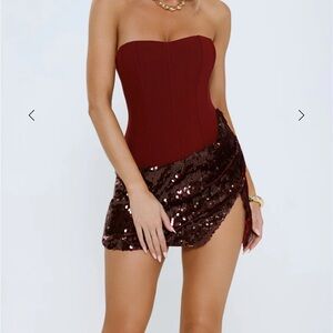 Hello Molly strapless corset sequin mini dress color wine